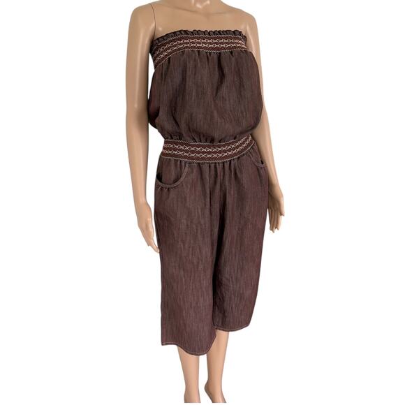 Y2K Strapless Denim Jumpsuit Smocked Wide Leg Boho Capri L Cowgirl Brown Hippie - Picture 2 of 14